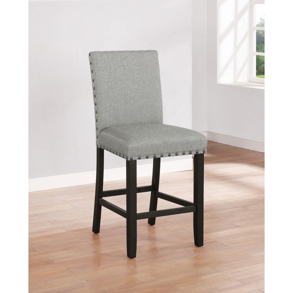 Transitional Gray Linen Upholstered Counter Stools with Nailhead Trim (Set of 2)