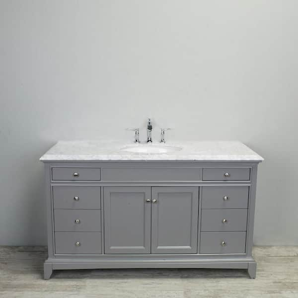 Eviva Elite Stamford 60 Gray Solid Wood Bathroom Vanity Set with Double OG  White Carrera Marble Top & White Undermount Porcelain Sinks