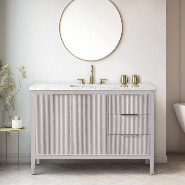 SUDIO Emma 48 in. W Bath Vanity in Taupe with Engineered Stone Top in Arabescato with White Sink