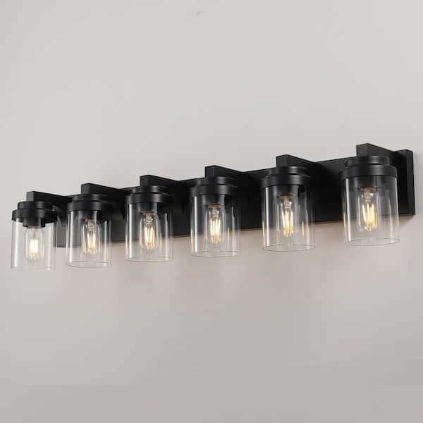 38 in. 6-Light Black Bathroom Vanity Light Fixture with Clear Glass Shades, No Bulbs Included