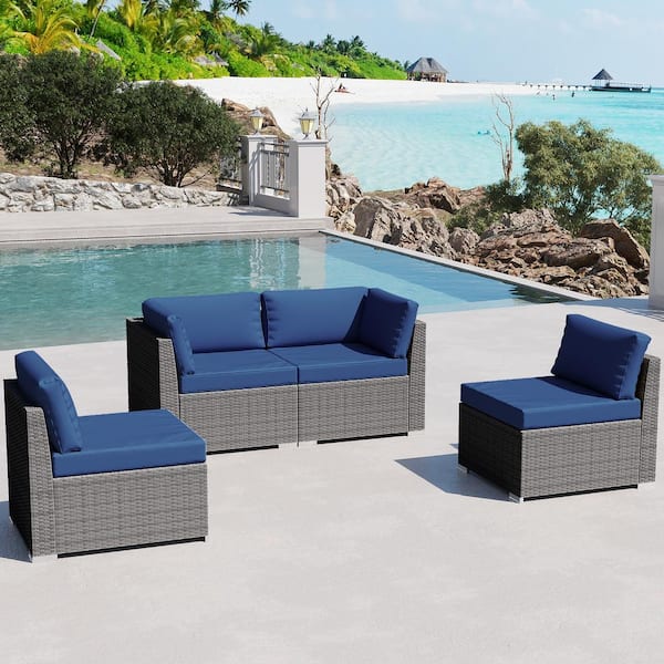 Gardenbee 4-Piece Wicker Outdoor Patio Sectional Sofa Conversation Set with Blue Cushions