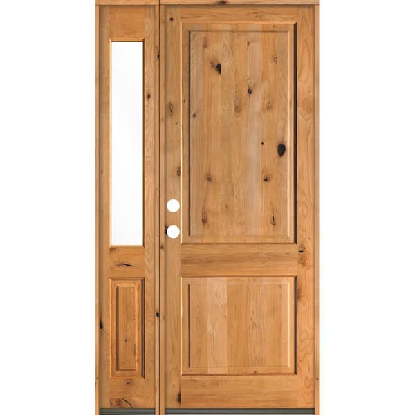 Krosswood Doors 56 in. x 96 in. Rustic knotty alder 2-Panel Sidelite Right-Hand/Inswing Clear Glass Clear Stain Wood Prehung Front Door