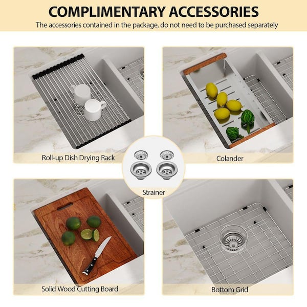 Logmey 33 in. White Undermount Workstation Sink Low Divide Double