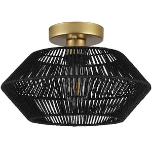 Semiko 12.6 in. 1-Light Gold/Black Rattan Caged Semi Flush Mount Ceiling Light With Shade