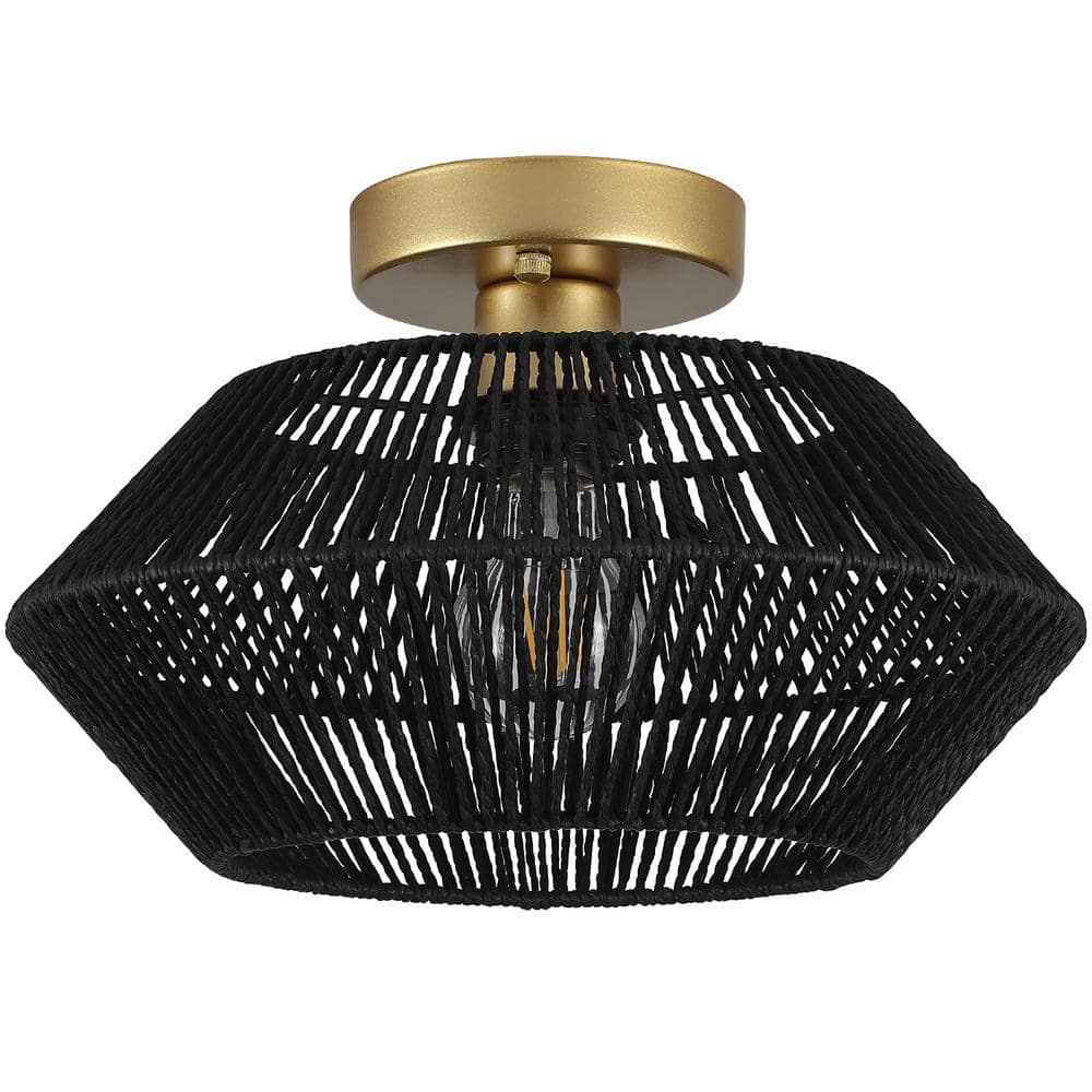 Semiko 12.6 in. 1-Light Gold/Black Rattan Caged Semi Flush Mount Ceiling Light With Shade price history on PriceWatchPro