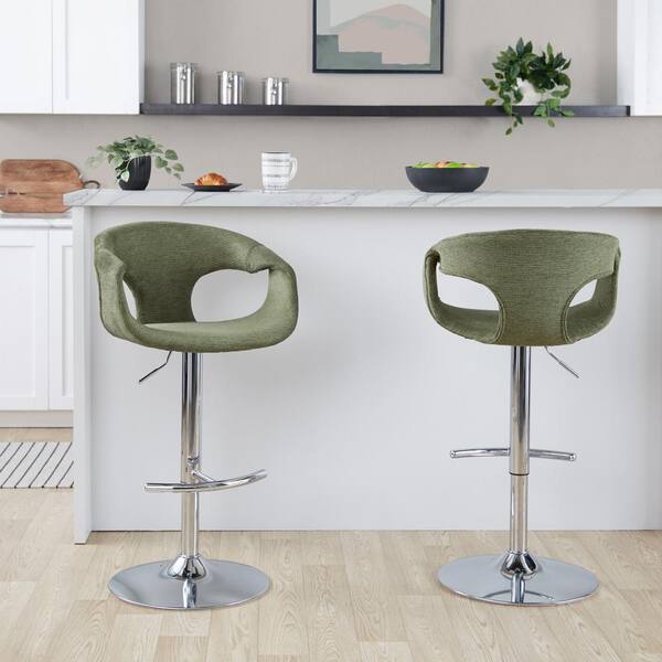 Lumisource Curva 32.5 in. Green Fabric and Chrome Metal Adjustable Bar Stool with Rounded T Footrest (Set of 2)