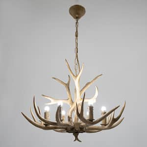 6-Light Vintage Brown Resin Antler Chandelier Deer Horn Hanging Countryside Light