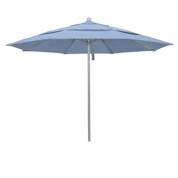 California Umbrella 11 ft. Gray Woodgrain Aluminum Commercial Market Patio Umbrella Fiberglass Ribs and Pulley Lift in Air Blue Sunbrella