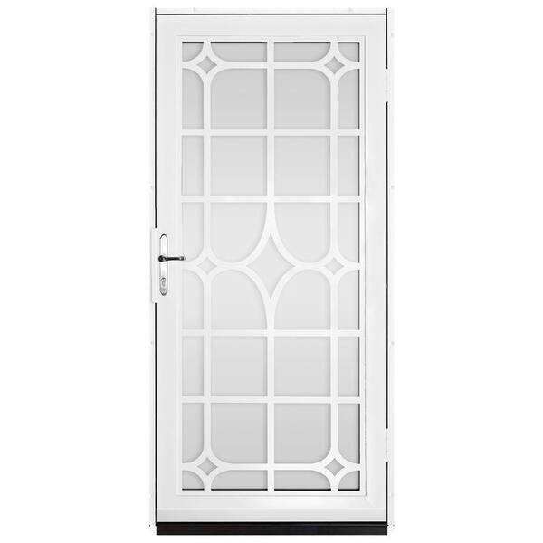 Unique Home Designs 36 in. x 80 in. Lexington White Surface Mount Steel Security Door with Shatter-Resistant Glass and Brass Hardware