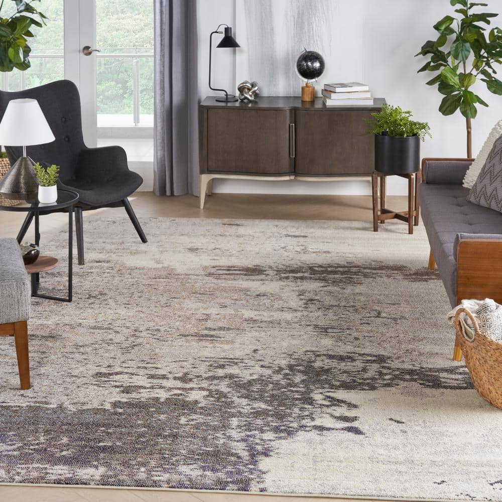 Ivory and Grey Abstract Hand-knotted Round Rug