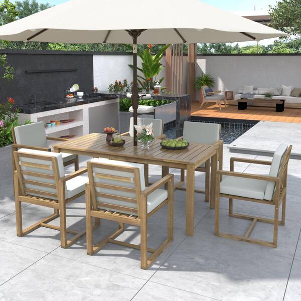 Unbranded 7-Piece Wood Outdoor Dining Table and Chair Set Patio Dining Table and Chair Set with Light Brown Frame Light Cushions