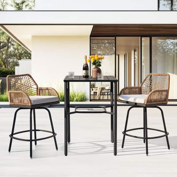 Black 3-Piece Rattan and Metal Square Outdoor Bistro Set with Removable Cushions, Swivel Design