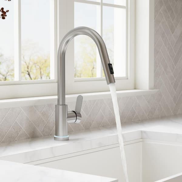 Pull Down Sprayer Kitchen Faucet 1.8 GPM with LED Light, 15.9" Height, 360° Swivel Spout Faucet in Brushed Nickel