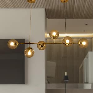 Nashville Mid-Century Modern 6-Light Gold Branch Seeded Glass Lampshade Metal Chain Chandelier