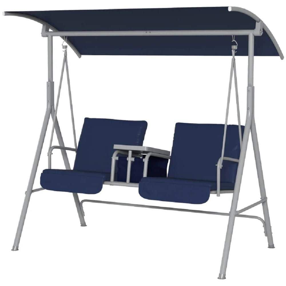 Metal Dark Blue Patio Swing Chair with Cushions, Outdoor 2 Seat Porch Swing with Canopy for Garden, Poolside, Backyard price history on PriceWatchPro