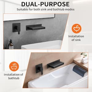 Single Handle Wall Mount Sink Faucet, Matte Black Waterfall Spout Bathroom Bathtub Faucet Rough in Valve Solid Brass