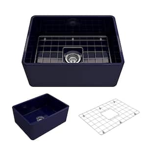 Classico Farmhouse Apron Front Fireclay 24 in. Single Bowl Kitchen Sink with Bottom Grid and Strainer in Sapphire Blue