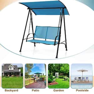 2-Seat Metal Patio Swing Porch Swing with Adjustable Canopy for Garden Dark Blue