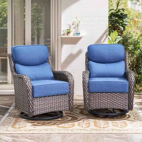 6 in Thicken Brown Wicker Outdoor Swivel Rocking Lounge Chair with Cushion Guard Blue Cushions (Set 2-Pack)