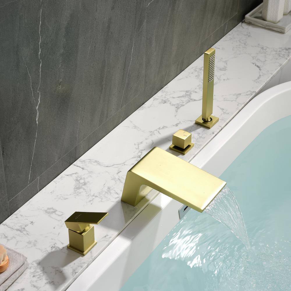 Brushed Gold Single-Handle Waterfall Tub Faucet with Hand Shower