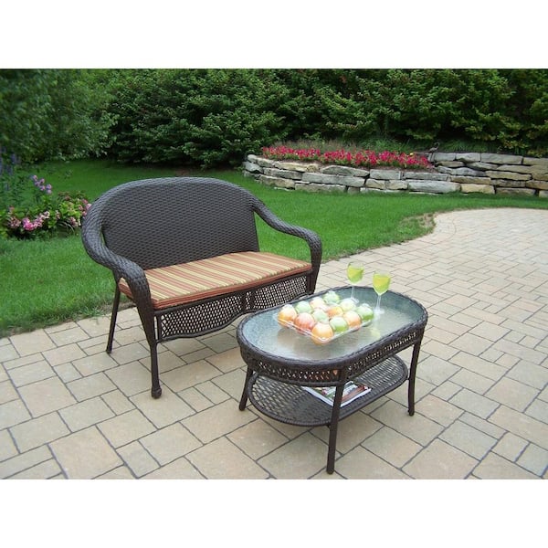 Oakland Living Elite Resin Wicker 2-Piece Patio Loveseat and Coffee Table Set with Stripe Cushion