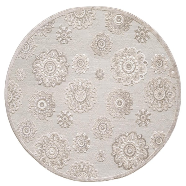 MILLERTON HOME Ava Taupe 8 ft. Round Bohemian Floral Indoor/Outdoor Area Rug