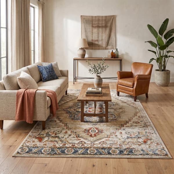 Allure 2 x 3 Gold/Beige Medallion Pattern Area Rug for High Traffic Living Room Dining Room Bedroom