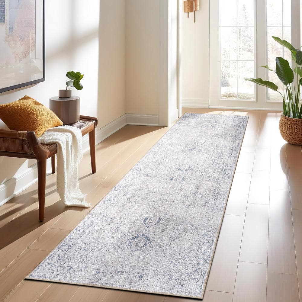Blue Flat-Woven Polyester Medallion Runner Rug, 2'6"x10'