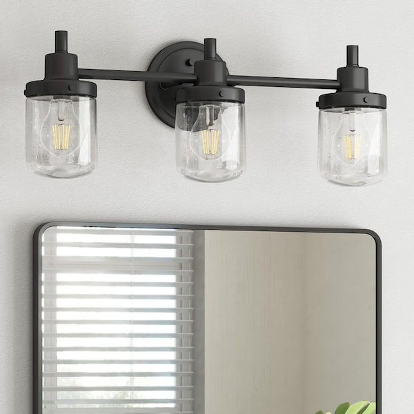 20.1 in. 3-Light Black Bathroom Vanity Light, Modern Bathroom Light Fixtures with Seeded Glass Shade Over Mirror