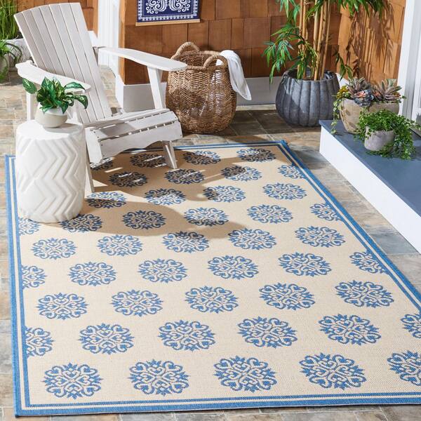 Linden Cream/Blue 7 ft. x 7 ft. Border Multi-Florals Indoor/Outdoor Square Area Rug