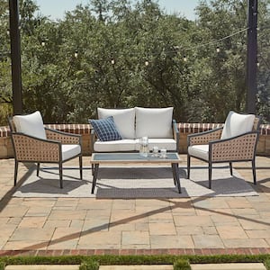 Bristol Caning 4-Piece Aluminum Frame Resin Wicker Outdoor Loveseat Set with Linen Cushions