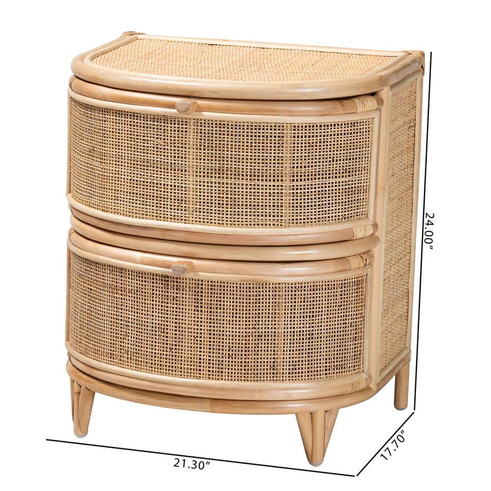 Natural Brown Rattan 2-Drawer Curved Nightstand