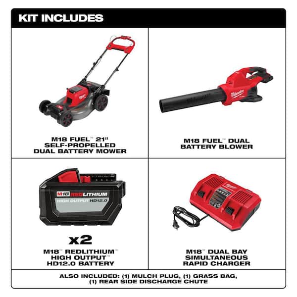 M18 FUEL Dual Battery 145 MPH 600 CFM 18V Lithium-Ion Brushless Cordless Blower w/M18 Mower, (2) 12.0Ah Battery/Charger