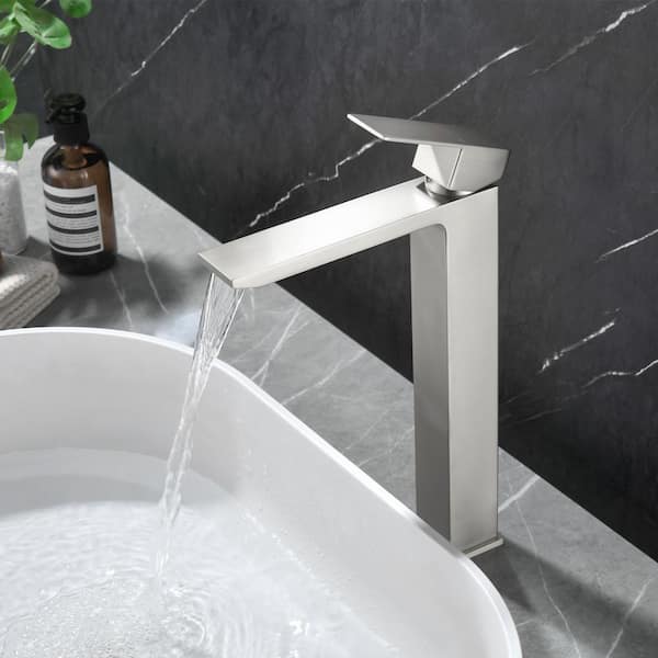 Single Handle Vessel Sink Faucet with Pop-Up Drain, Tall Single Hole Bathroom Faucet in Brushed Nickel