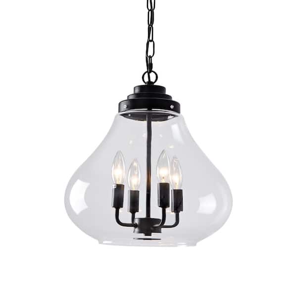 4 Light Black Glass Chandelier Adjustable Modern Industrial Pendant Light with Clear Glass Shade for Kitchen Island