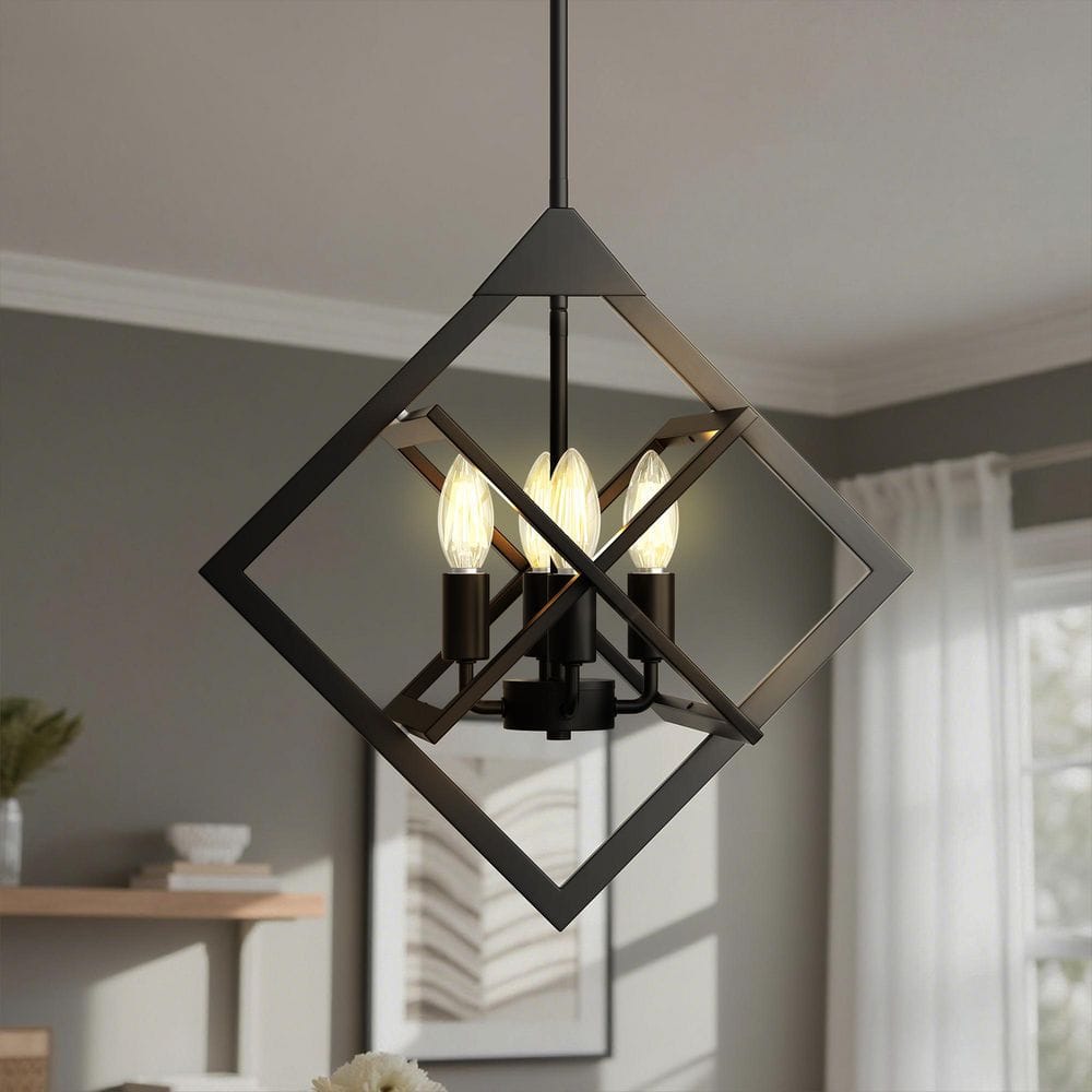 YANSUN 18 in. 4-Light Black Farmhouse Geometric Chandelier, Bright YANSUN 18 in. 4-Light Black Farmhouse Geometric Chandelier, Bright