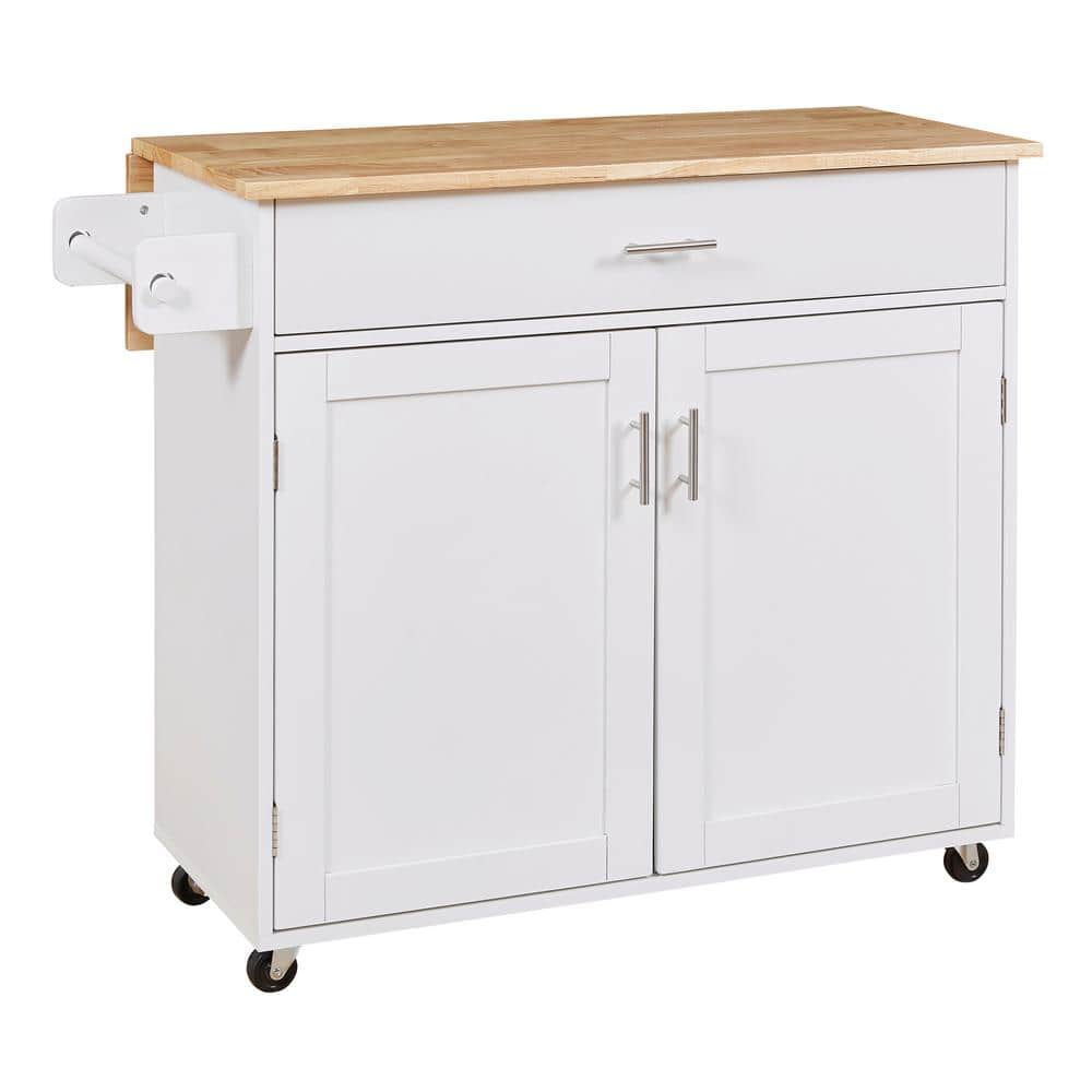 White Wood 39.00 in. Kitchen Island with Spacious Drawer, Storage Rack, Wheels, and Adjustable Shelf Tower Rack -  Polibi, RS-06561-W-PJ