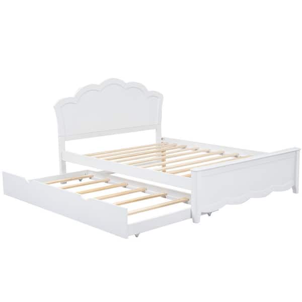 White Wood Frame Full Platform Bed with Twin Trundle