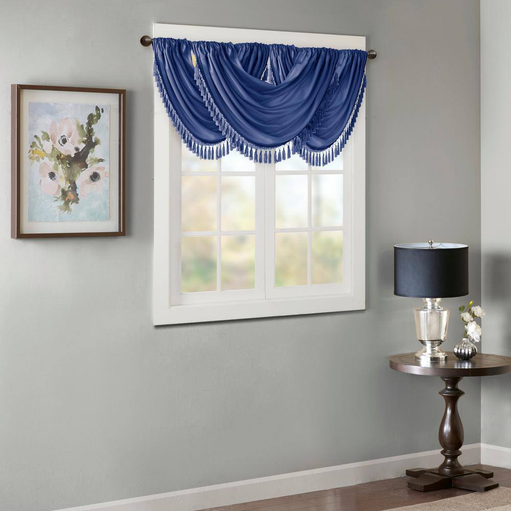 Navy Faux Silk Waterfall Valance with Tassel Trim