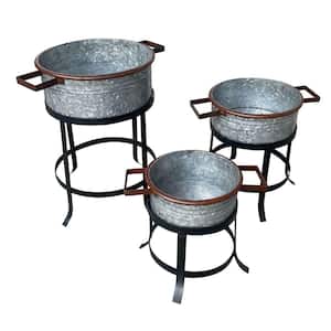 20.5 in. L x 15 in. W x 22 in. H Galvanized Gray and Black Metal Round Indoor/Outdoor Planter Set (Set of 3)