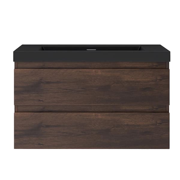 JimsMaison 36 in. W x 19.5 in. D x 20.5 in. H Wall-Mounted Bath Vanity in Rose Wood with Black Quartz Top
