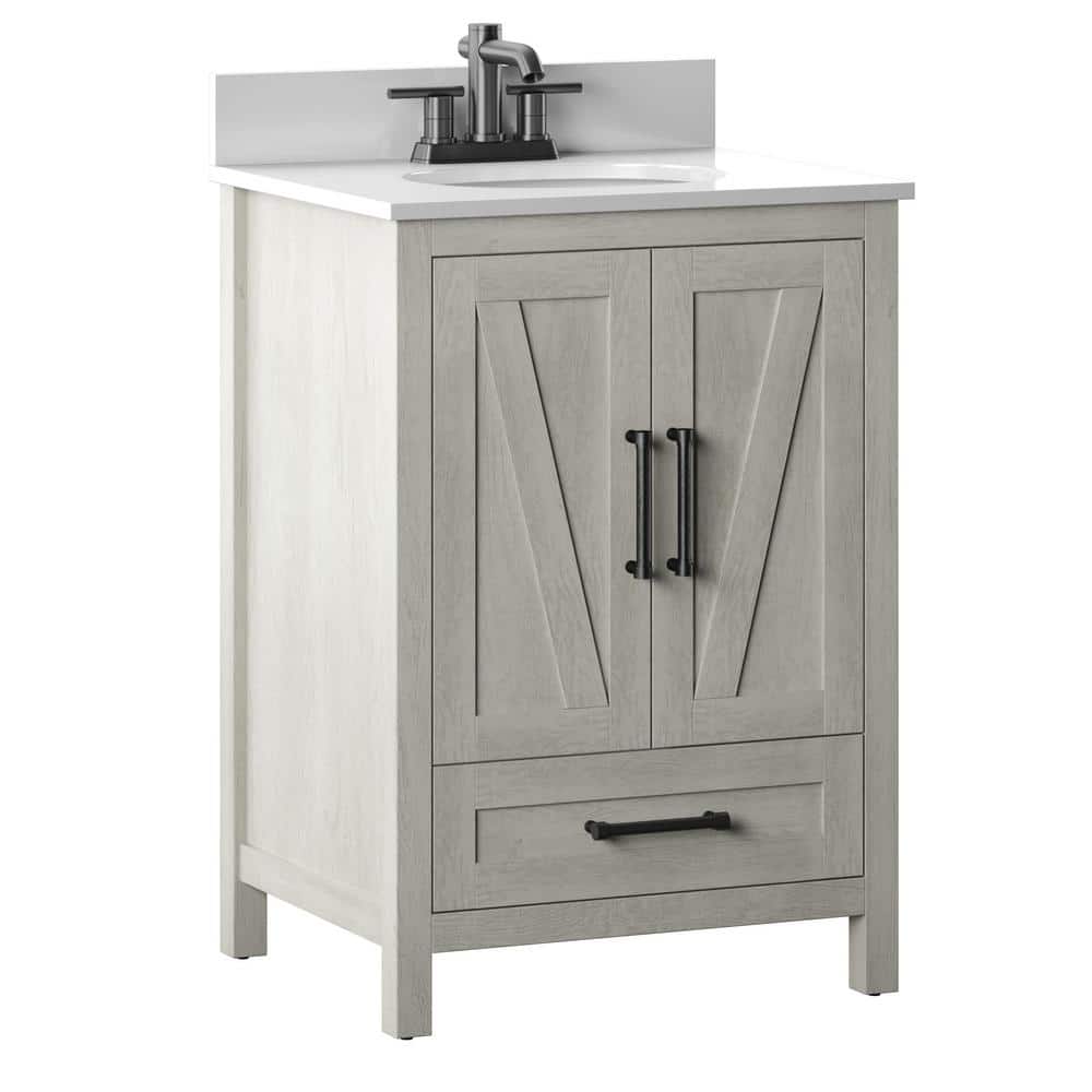 Rustic Oak Bathroom Vanity with White Stone Top and Basin