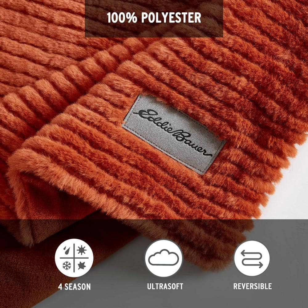 Orange Ribbed Reversible Plush Fleece Throw Blanket
