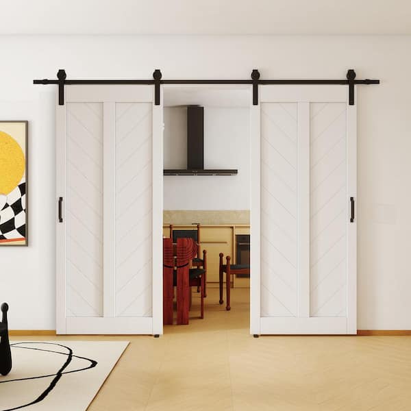 TENONER 84 in. x 84 in . (Double 42" Doors) White, V Frame, Finished, MDF Sliding Barn Door with Hardware Kit