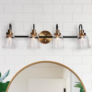 Walnute 31.5 in. Modern 4-Light Brass Gold Bathroom Vanity Light, Black Bath Lighting with Bell Seeded Glass Wall Sconce