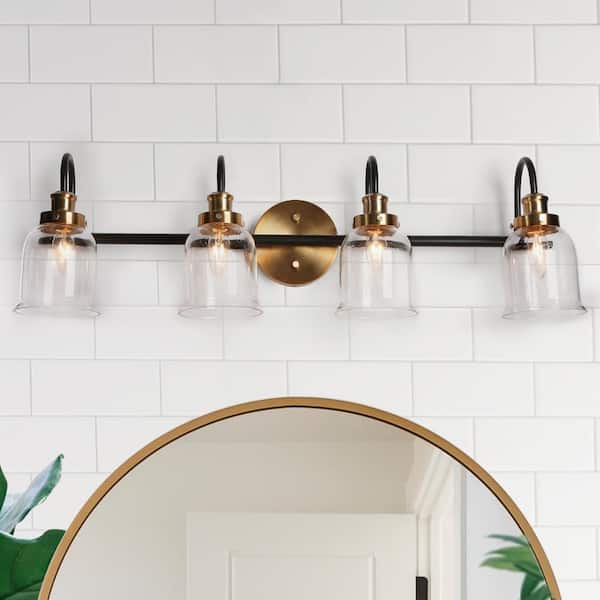 Zevni Walnute 31.5 in. Modern 4-Light Brass Gold Bathroom Vanity Light, Black Bath Lighting with Bell Seeded Glass Wall Sconce