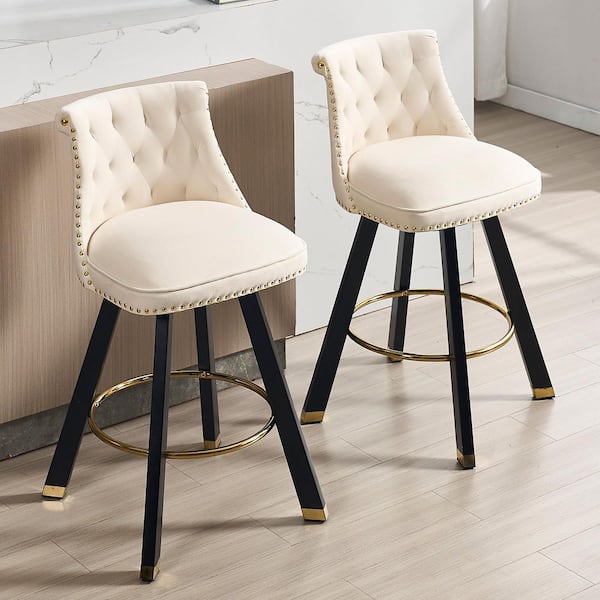 Modern Beige Velvet Wood Swivel Counter Height Bar Stools with Tufted Backrest and Copper Nails (Set of 2)