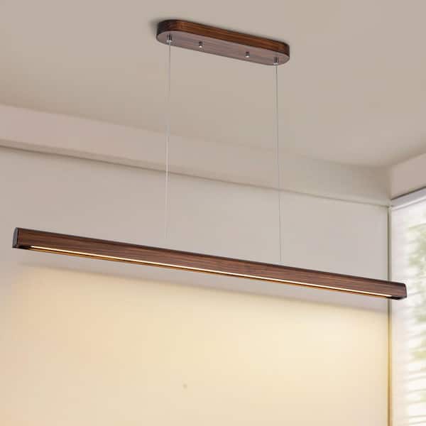 25W 1-Light Modern LED Walnut Wood Color Linear Pendant Light, 47 in. Adjustable Heigh Island Light for Dining Room