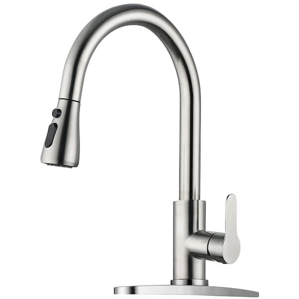 Stainless Steel 17 in. 3-Mode Single Handle Pull Down Sprayer Kitchen Faucet 360° Spout Swivel in Brushed Nickel