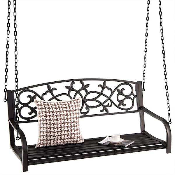 WELLFOR 2-Person Metal Porch Swing in Brown